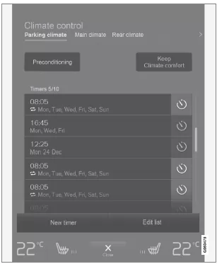 Die Vorkonditionierung und der Erhalt des Komfortklimas werden unter Klima im Stand in der Ansicht Klima des Displays in der Mittelkonsole gesteuert